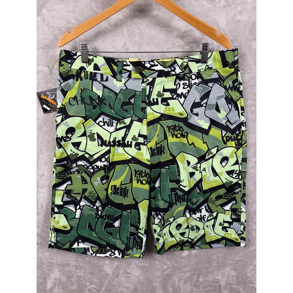 Loudmouth Golf Camo StretchTech Graffiti Shorts Mens 36 Green Black White Funky